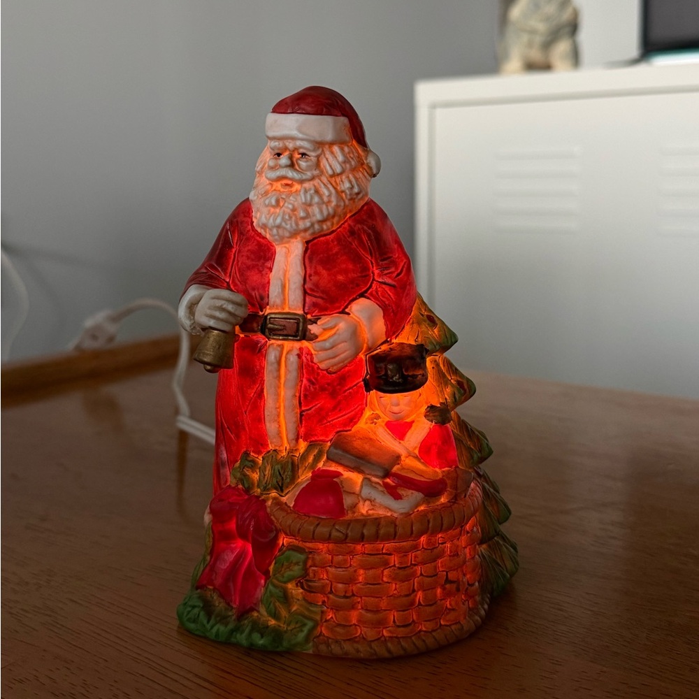 Vinage Christmas Ceramic Bisque Hand Painted Lamp with Santa Claus Toy Basket
